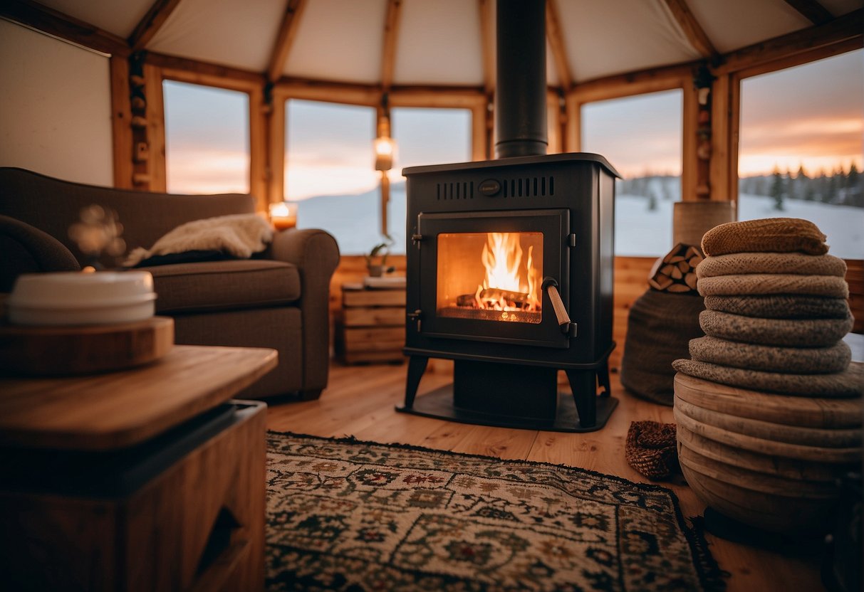 A cozy yurt with a pellet stove as the focal point, emitting warmth and comfort. Surrounding the stove are stacks of neatly arranged pellets, with a sign nearby that reads "Frequently Asked Questions: Best Pellet Stove for Yurt."