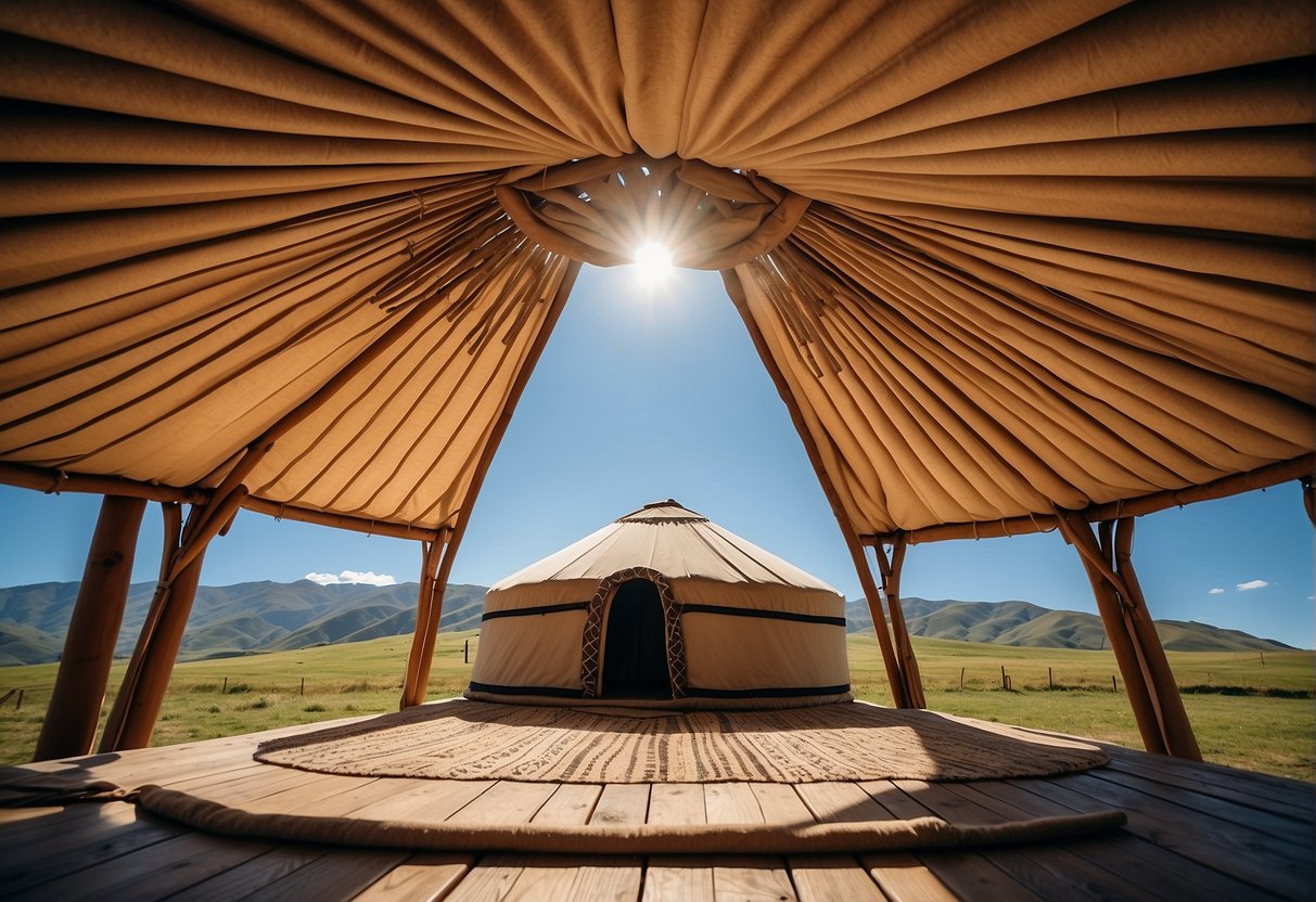 A yurt made of sturdy canvas and wooden lattice, set against a backdrop of rolling hills and clear blue skies