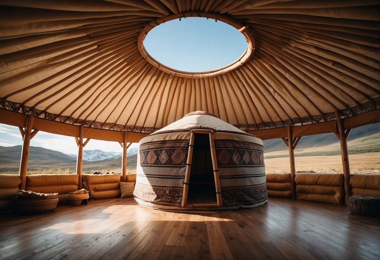 A yurt stands in a serene landscape, showcasing its circular structure and sturdy frame. The material used for the yurt is prominently displayed, highlighting its durability and traditional craftsmanship