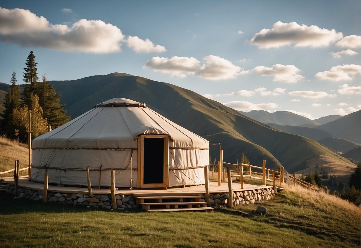 A yurt being constructed with sturdy canvas, wooden poles, and felt insulation, set against a backdrop of rolling hills and blue skies