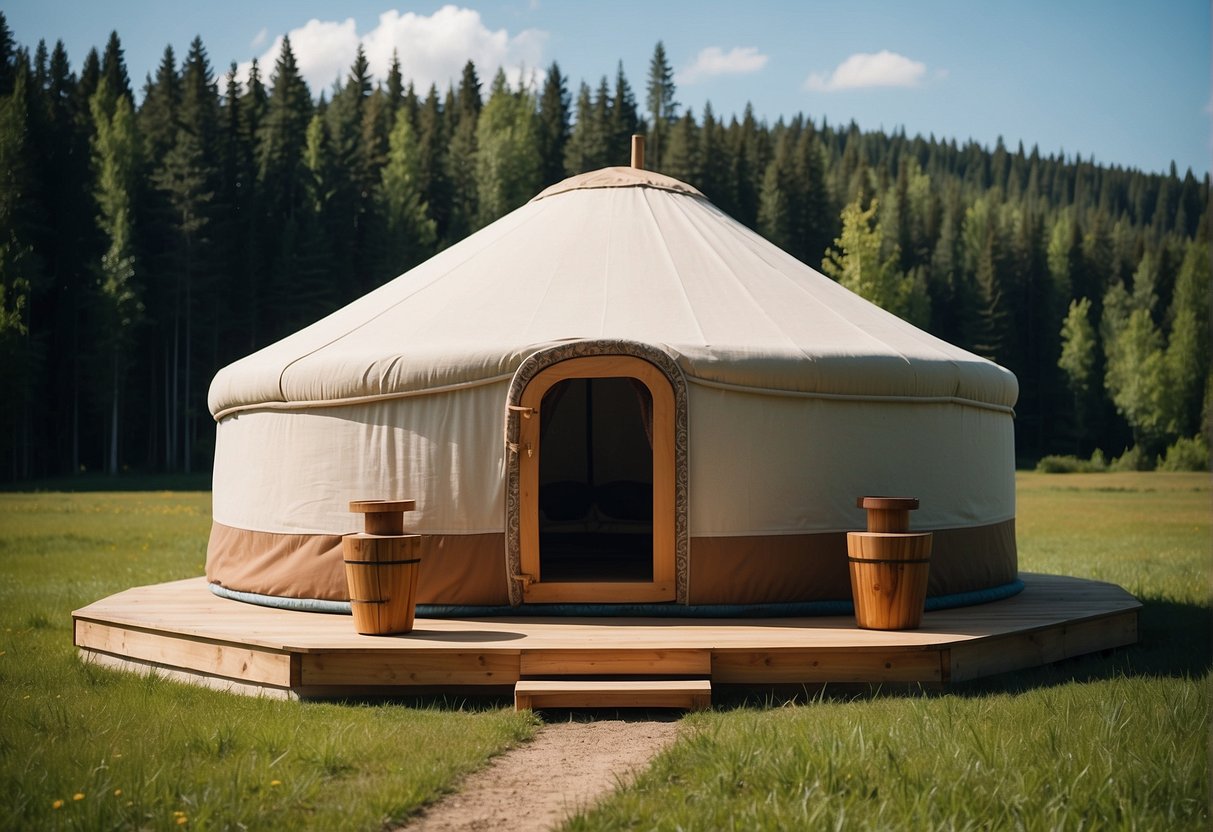 A yurt made of sturdy canvas sits in a tranquil meadow, surrounded by tall trees and a clear blue sky