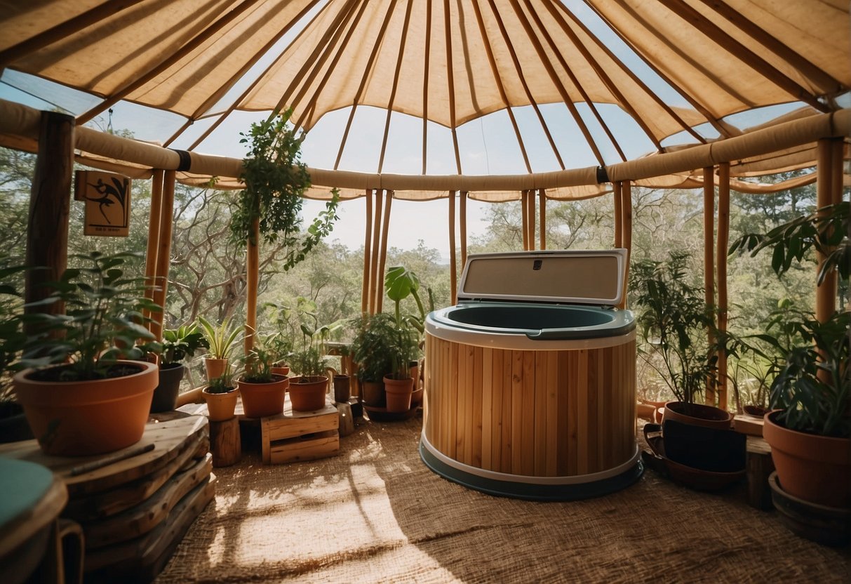 A composting toilet sits inside a cozy yurt, surrounded by lush greenery and a clear blue sky, with a small sign labeling it as the "best composting toilet for yurt."