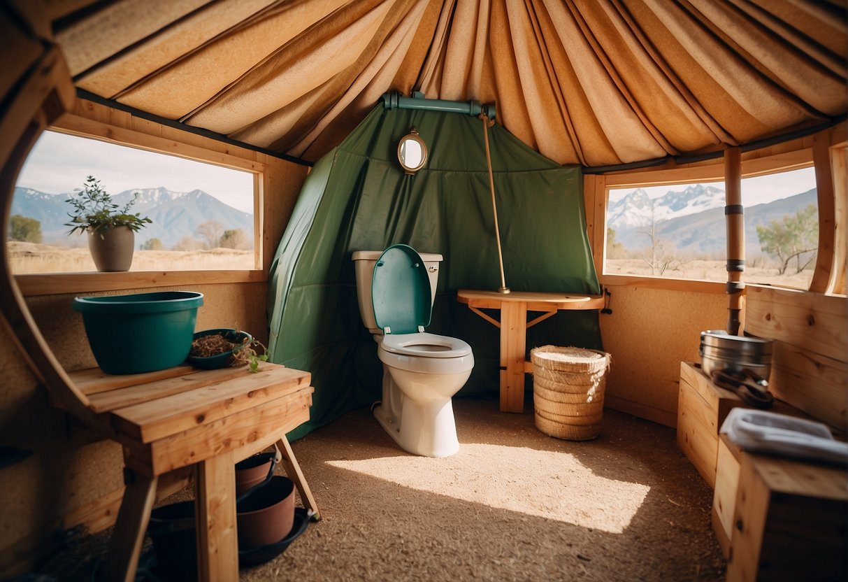 A composting toilet sits inside a yurt, with a vent pipe extending through the roof. Sawdust and a composting material are nearby