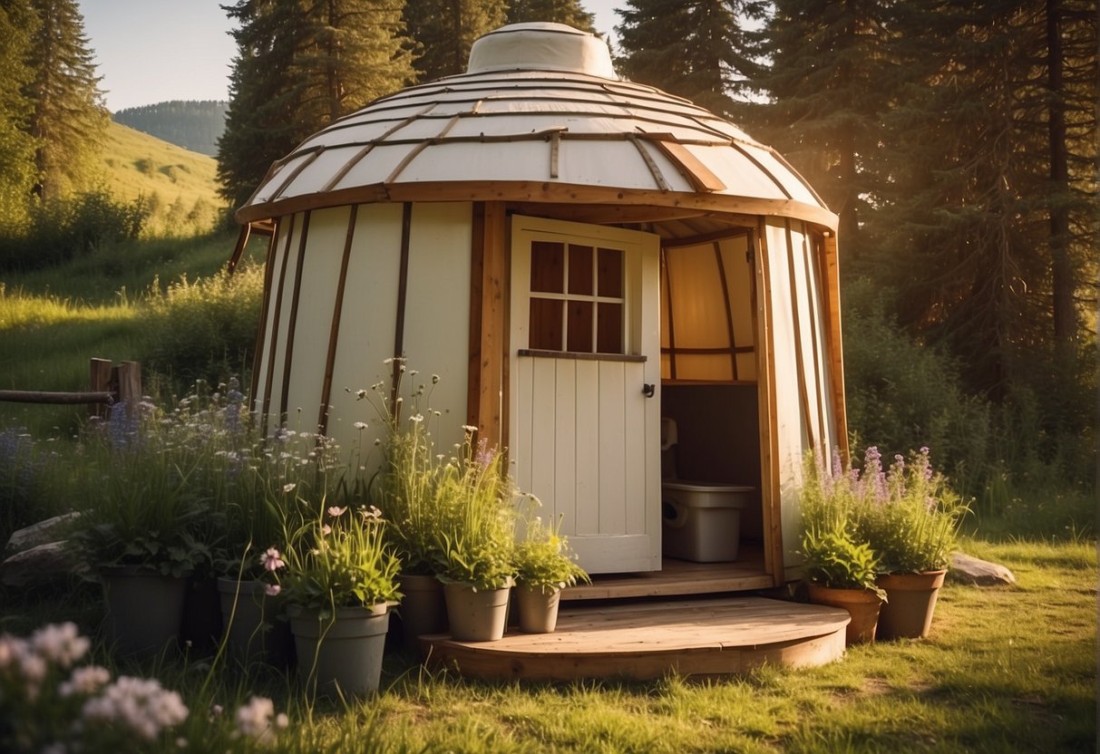 A composting toilet sits next to a rustic yurt, surrounded by lush greenery and wildflowers. The sun shines down, casting a warm glow on the peaceful scene