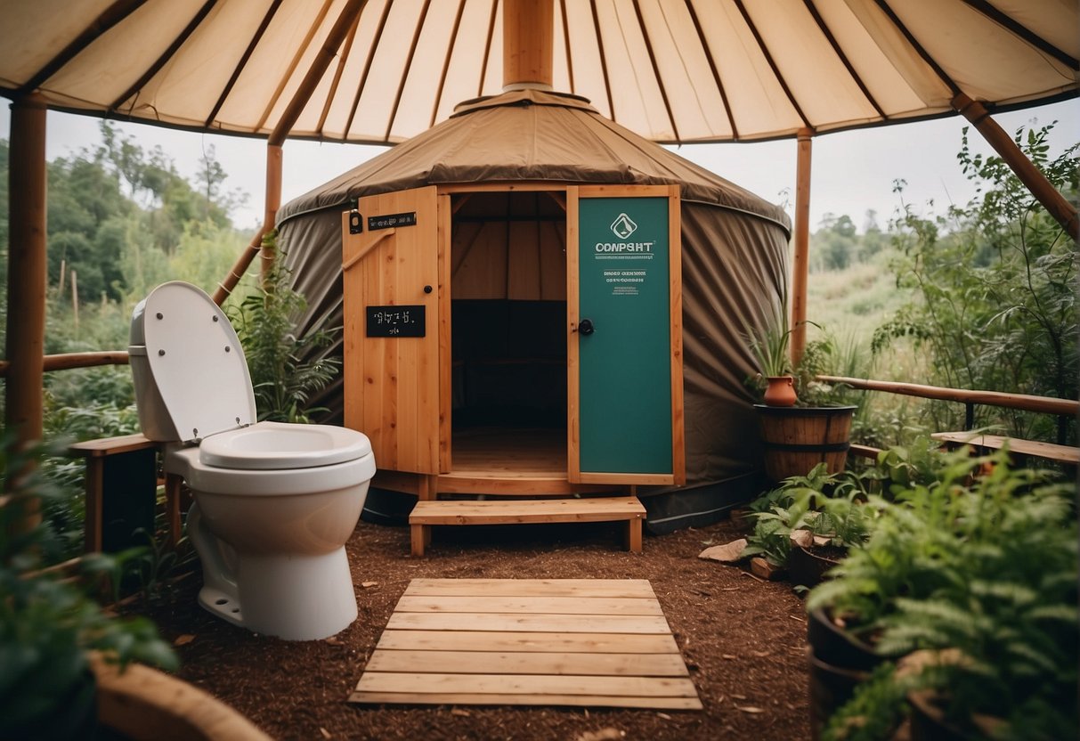 A composting toilet installed in a yurt, surrounded by natural materials and plants, with a sign labeling it as the "Best Composting Toilet for Yurt."