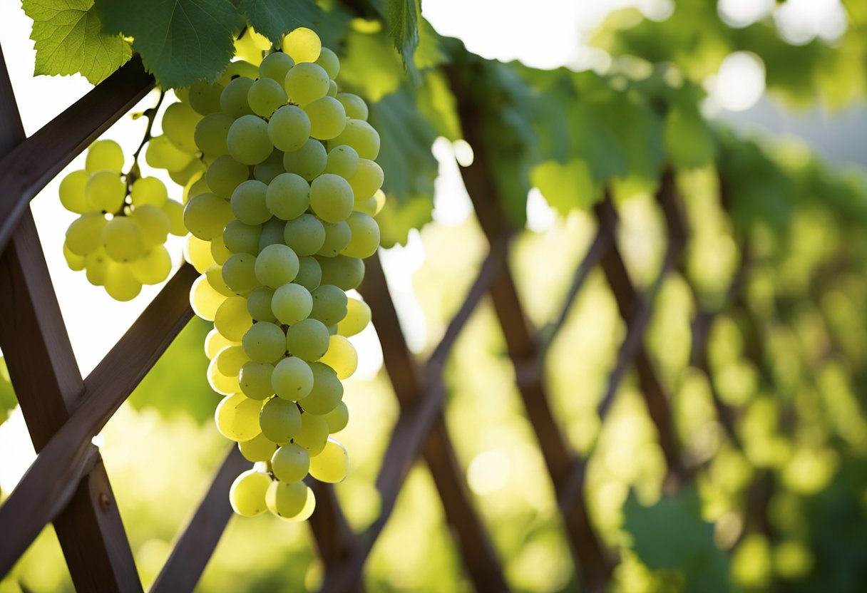 Lush green grapevines climb a wooden trellis, twisting and weaving their way upwards towards the sun. Clusters of plump, ripening grapes hang from the vines, promising a bountiful harvest