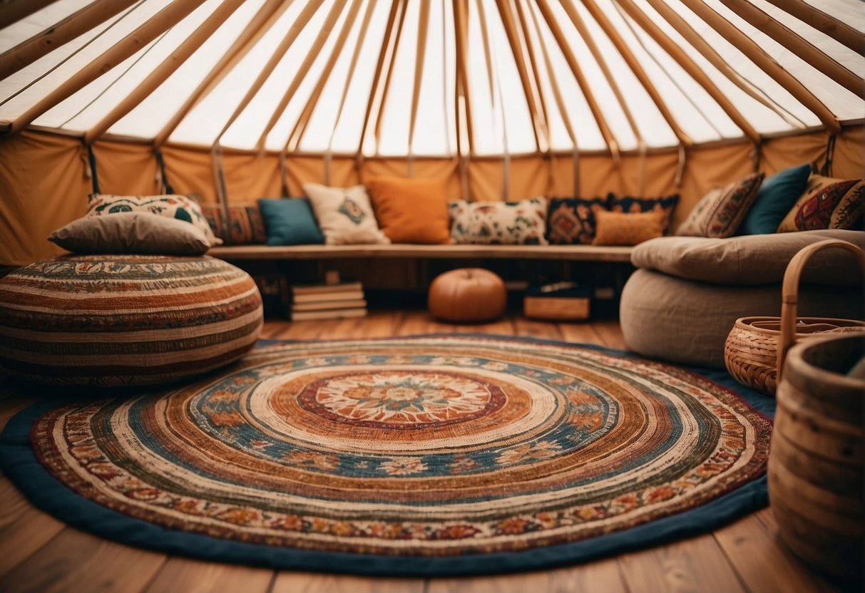 A cozy yurt interior with natural wood flooring and colorful woven rugs, creating a warm and inviting atmosphere