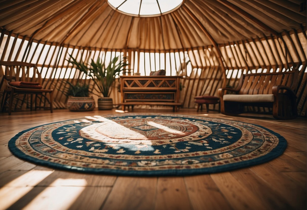 A yurt interior with durable, easy-to-clean flooring options like hardwood, bamboo, or laminate. Light streaming in through the open doorway