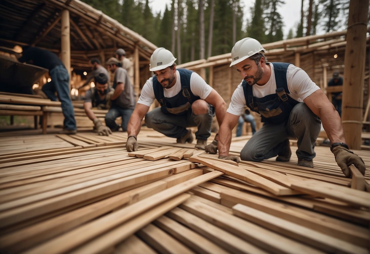 Workers lay down interlocking wooden planks for the yurt flooring system, creating a sturdy and level surface for the traditional structure