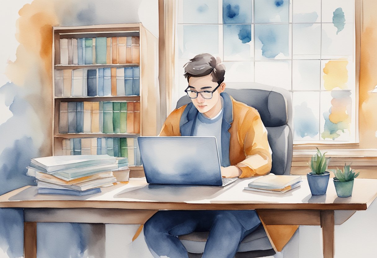 A person sitting at a desk, surrounded by business books and charts, with a laptop open and a thoughtful expression on their face