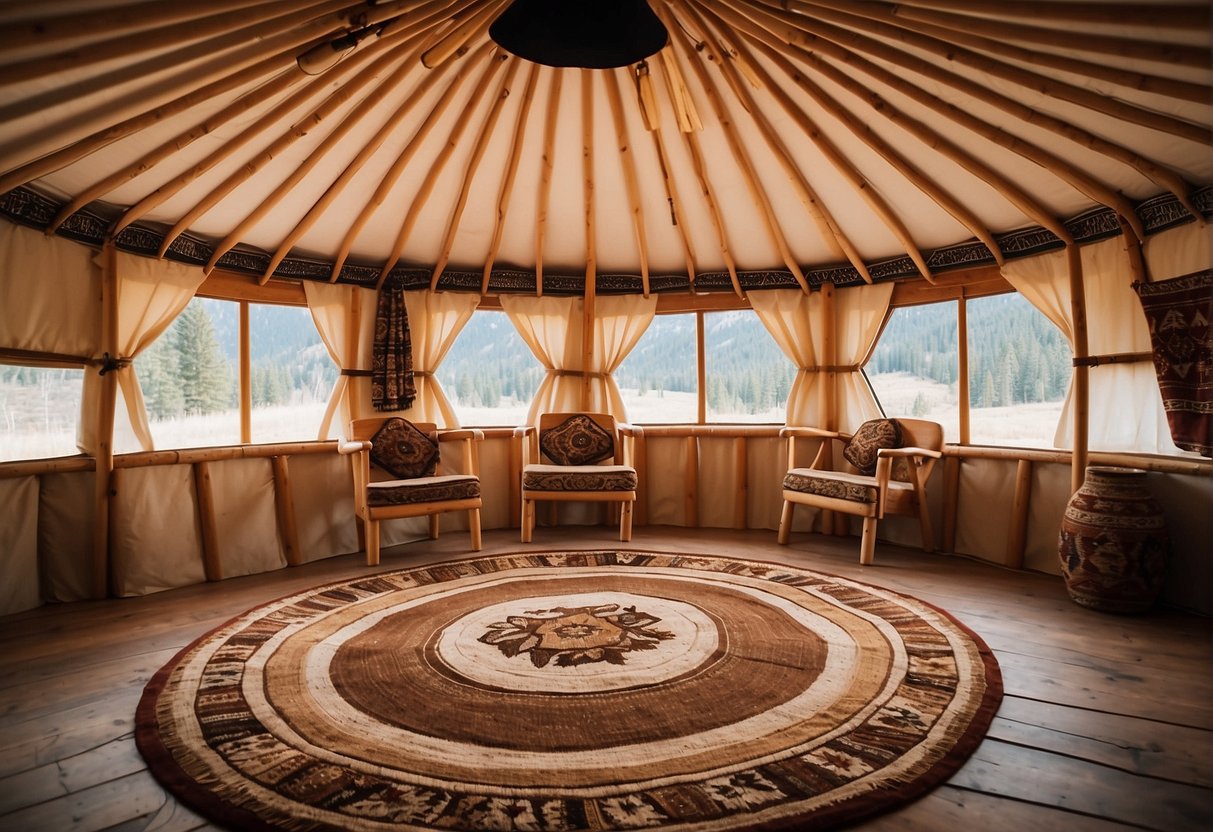 A yurt interior with various flooring options displayed and a sign reading "Frequently Asked Questions: Best Flooring for Yurt"