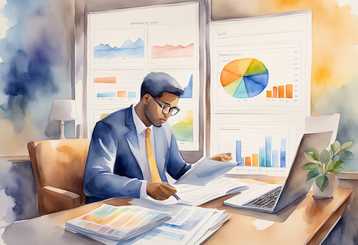 A person researching financial records and market trends for potential business acquisitions