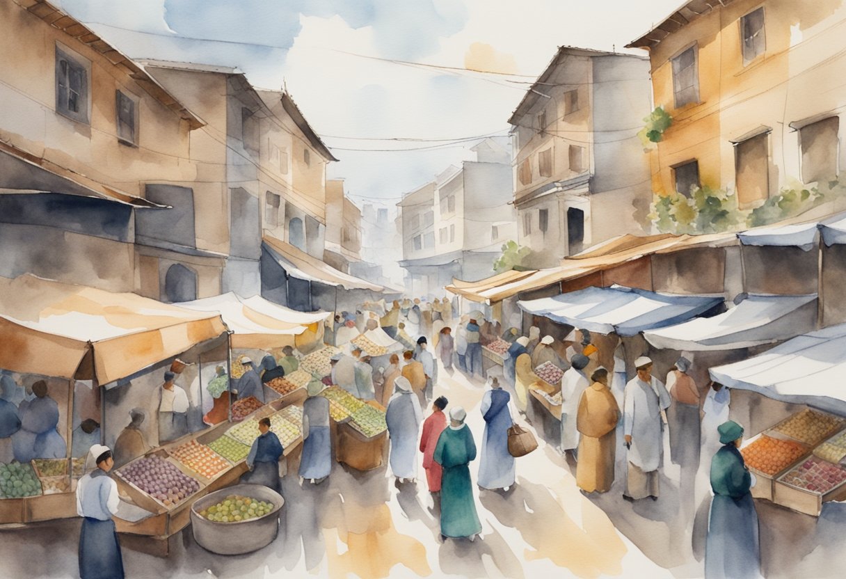 A bustling marketplace with diverse products and crowded stalls, surrounded by competing businesses showcasing their unique offerings