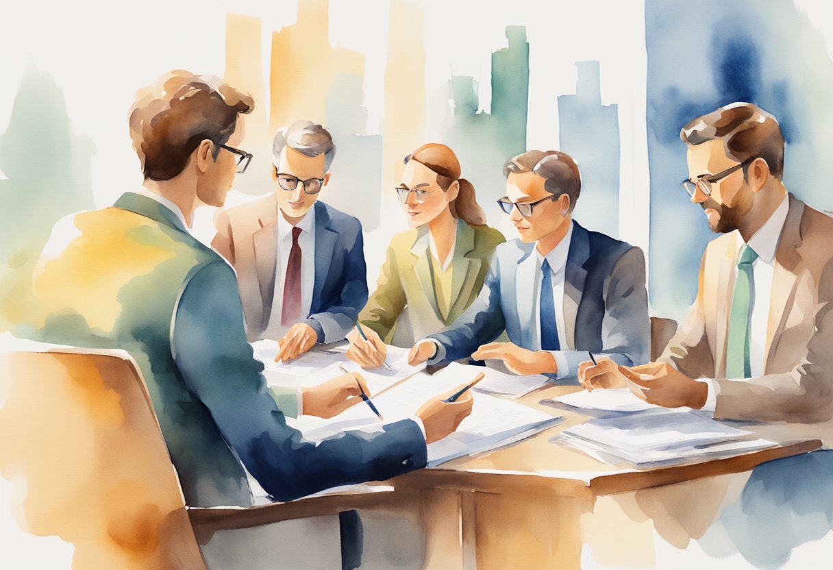 A group of people analyzing financial reports and discussing funding options for potential business acquisitions