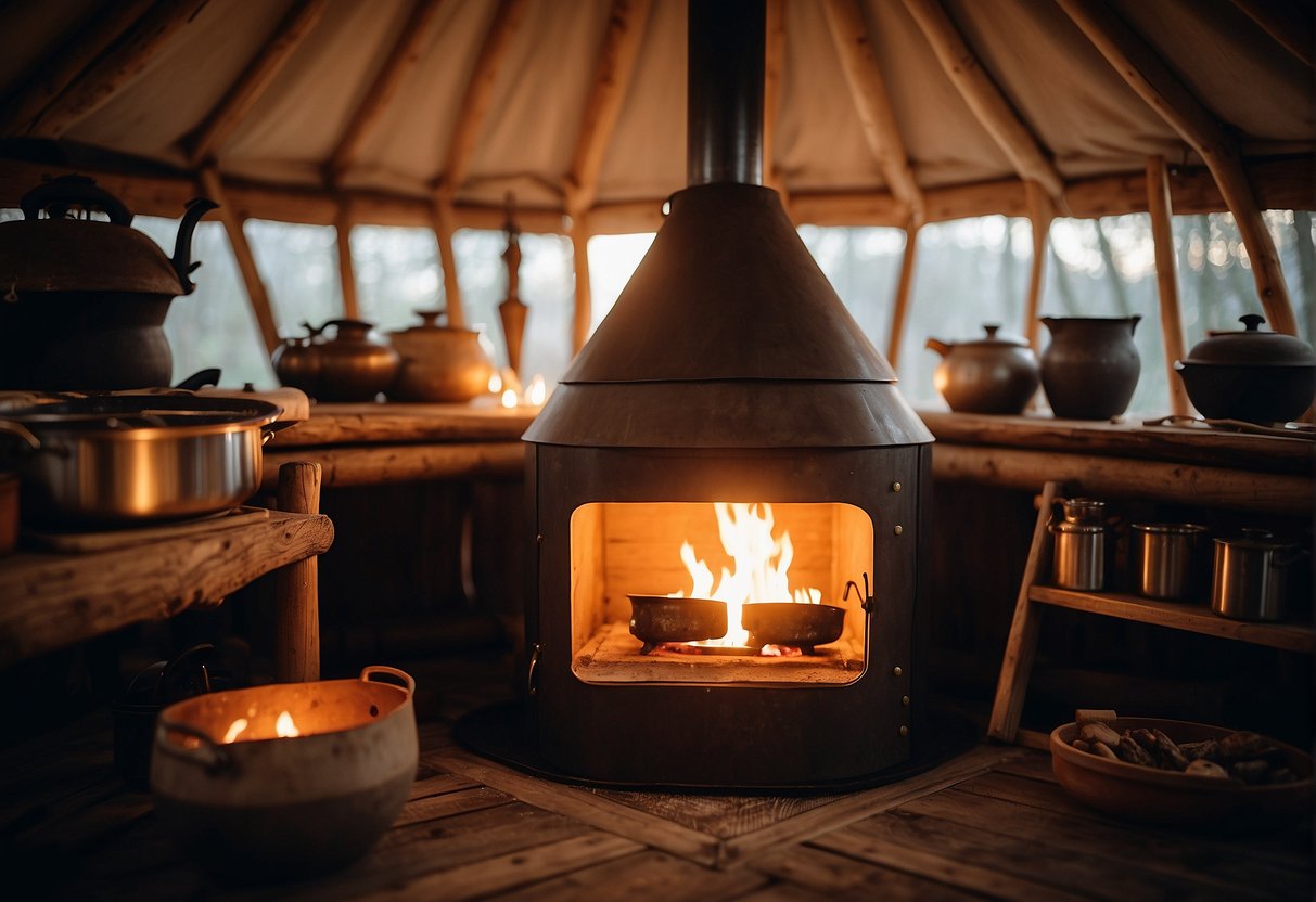 A cozy yurt with a traditional stove as the focal point, emitting a warm glow and surrounded by rustic cooking utensils and pots