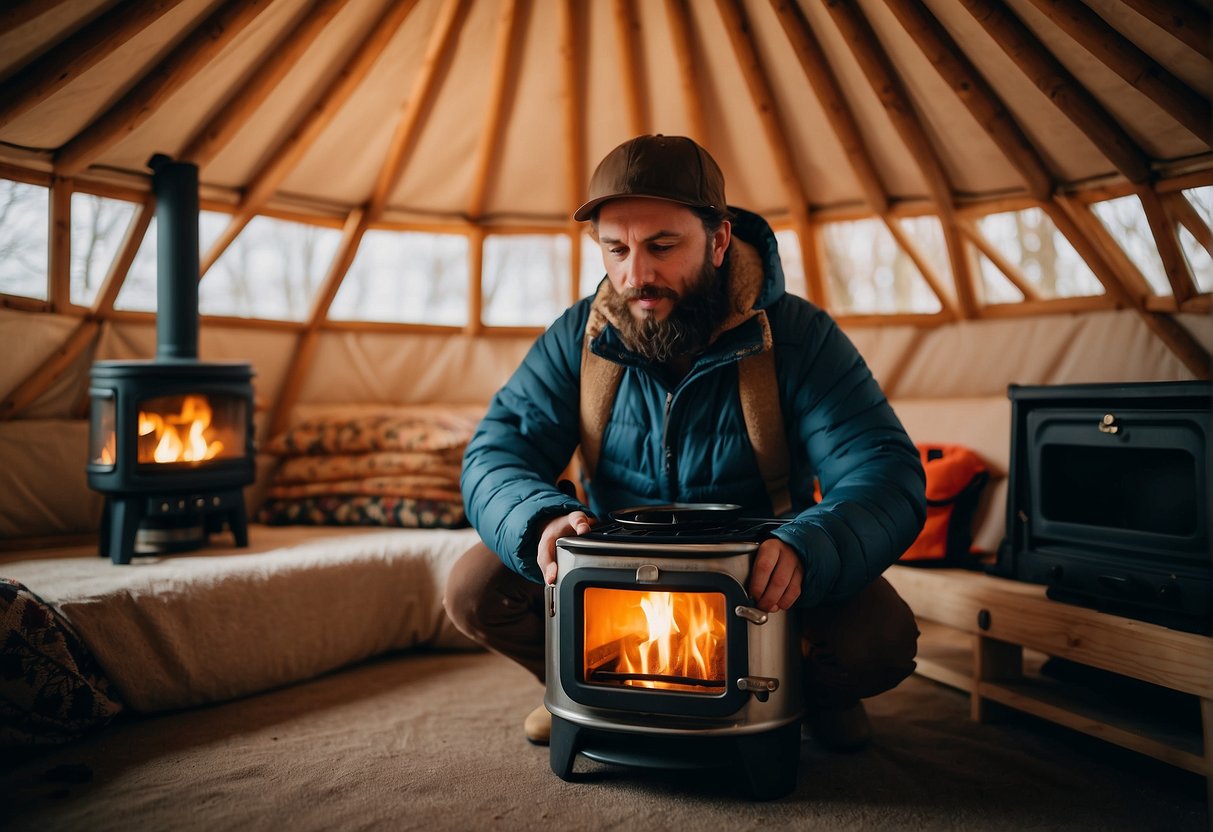 A person comparing different stoves in a yurt, considering size, fuel type, and heat output