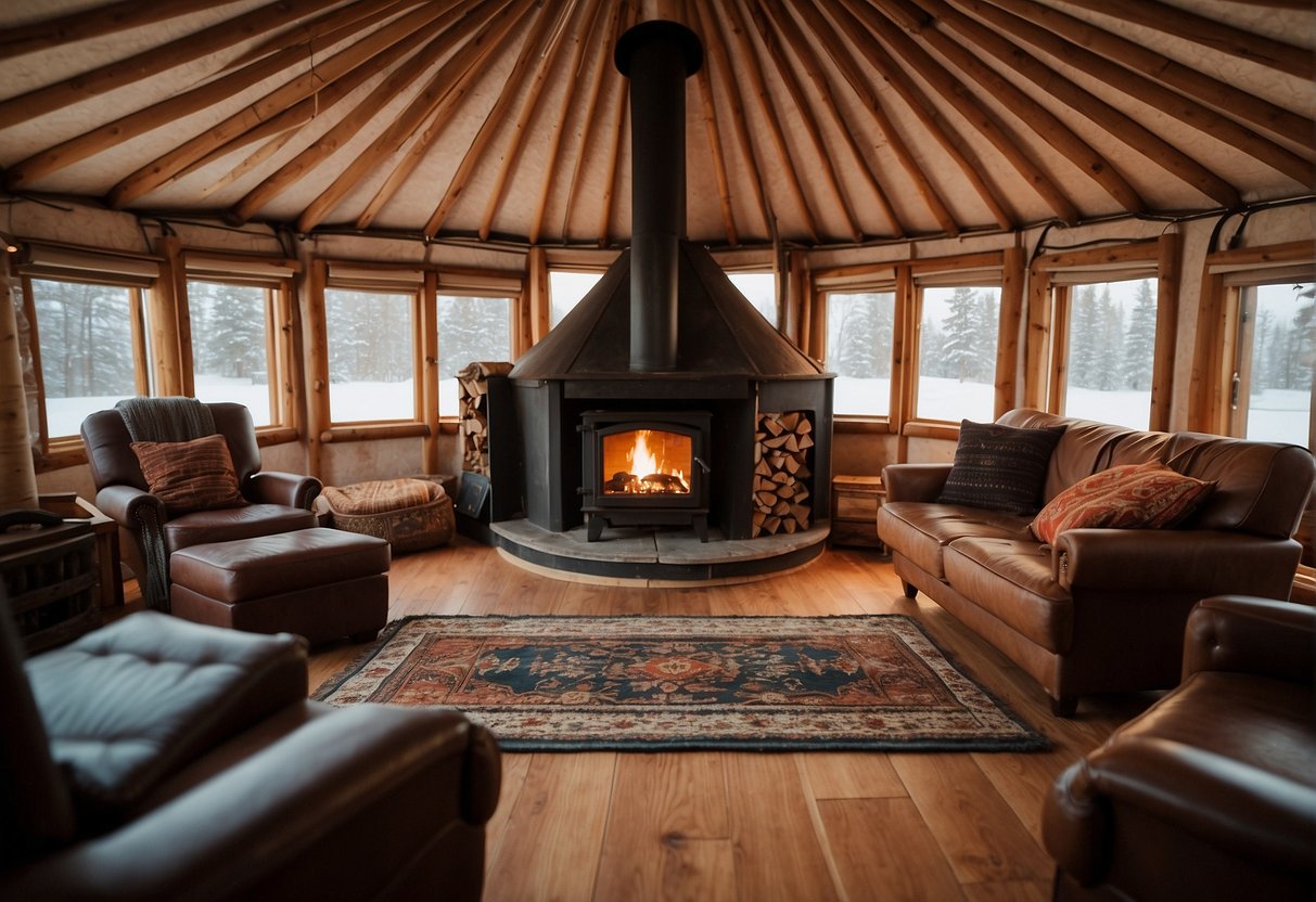 A yurt interior with a centrally located, efficient wood-burning stove surrounded by cozy seating and warm, inviting decor