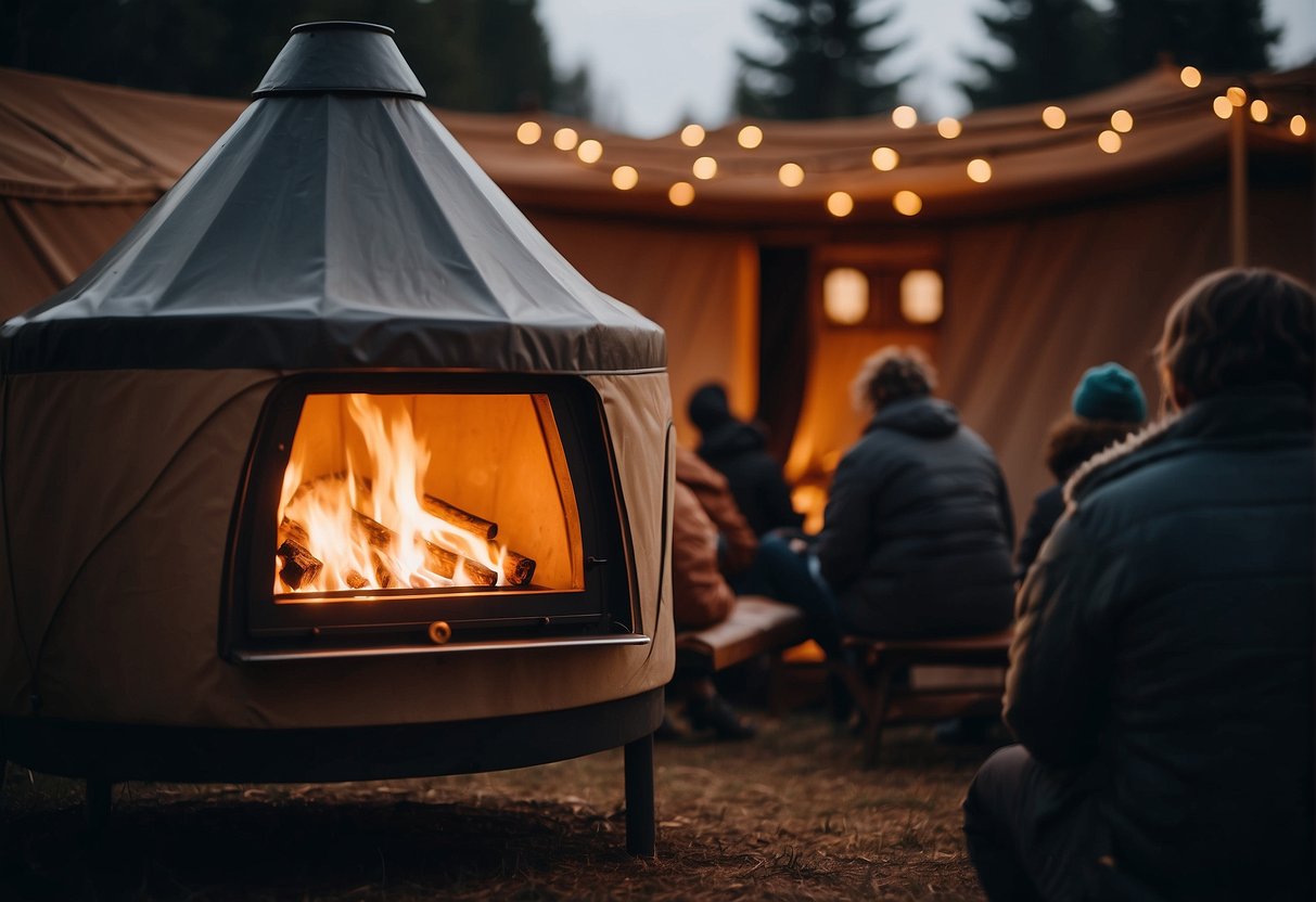 A cozy yurt with a roaring stove, surrounded by curious onlookers