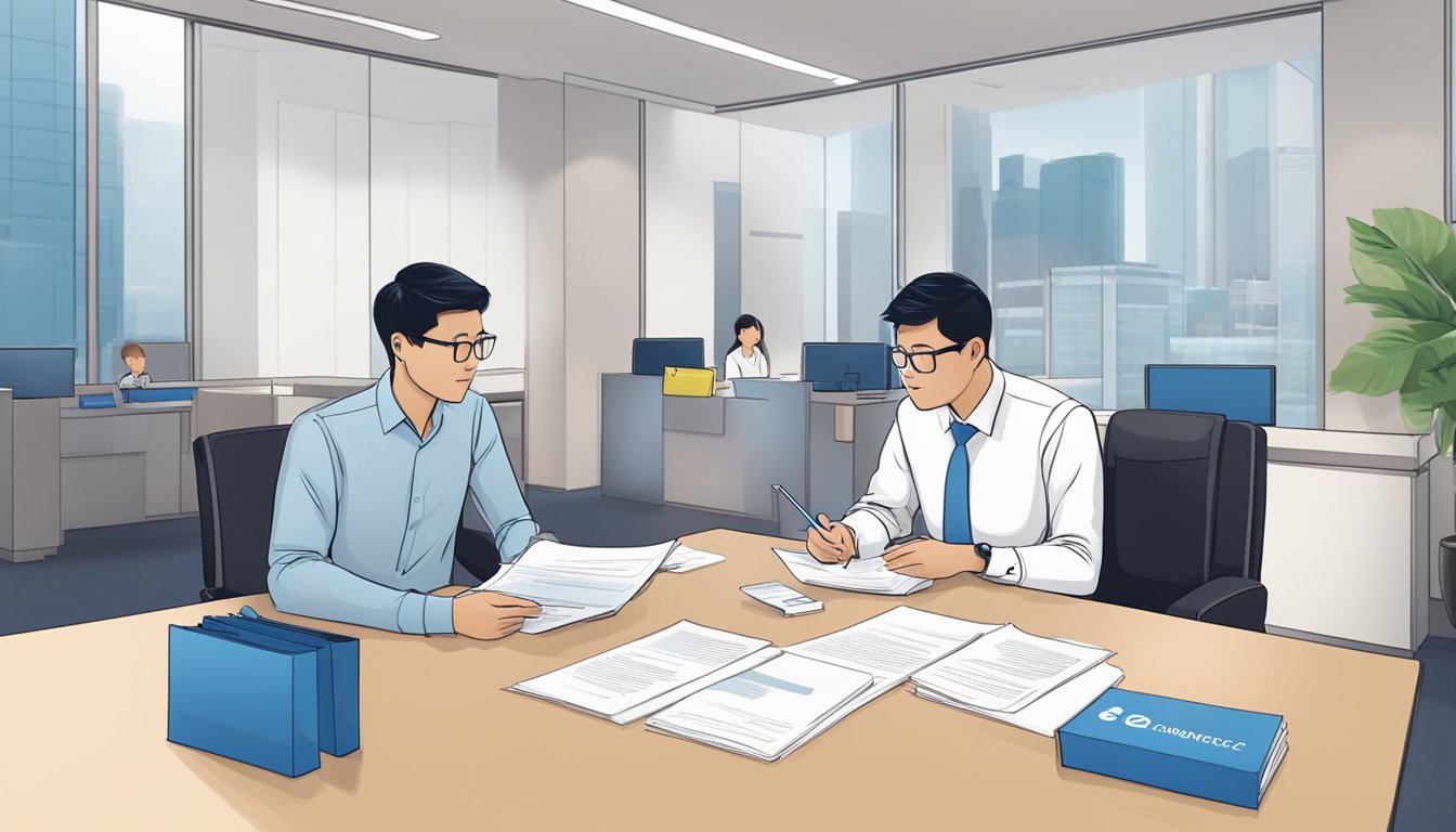 A Singaporean couple sits at a Citibank branch, discussing loan eligibility with a bank officer. Documents and paperwork are spread out on the table