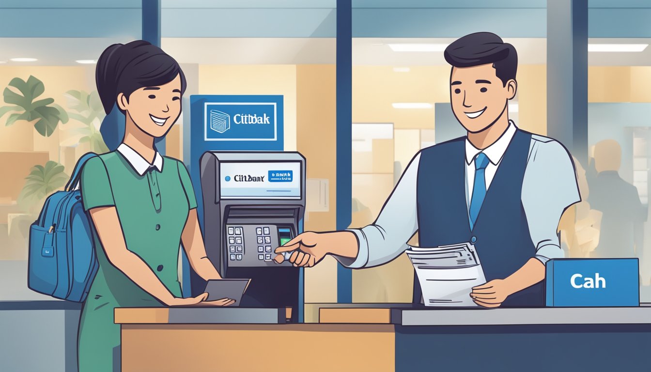 A person receiving cash from a Citibank teller, with loan terms displayed in the background. The teller is handing over money while the customer looks satisfied