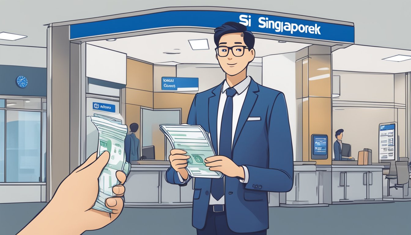 A person holding a Singaporean passport and a payslip, standing in front of a Citibank branch with a sign displaying "Quick Cash Loan Eligibility Requirements"