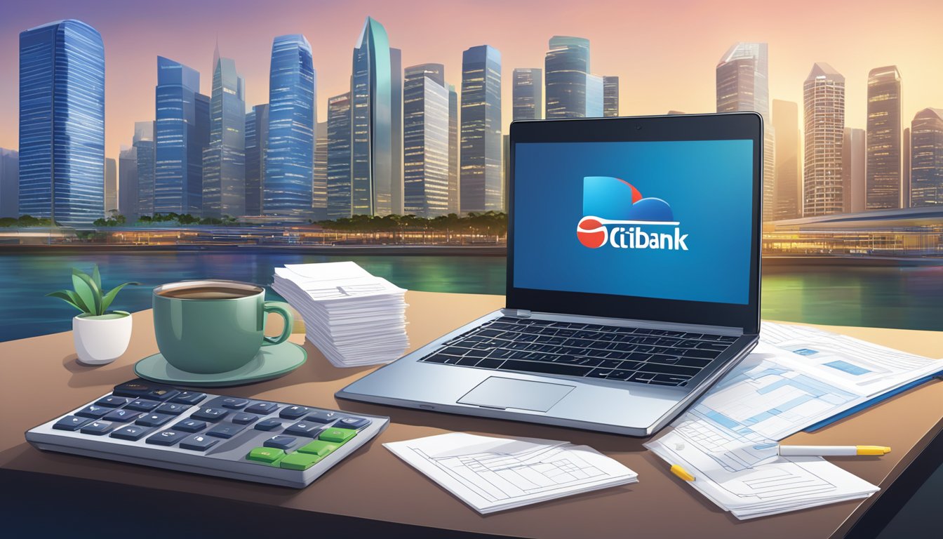 A table with a laptop, paperwork, and a calculator. Citibank logo displayed prominently. Singapore city skyline in the background