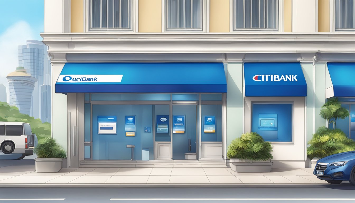 A bright, modern Citibank branch in Singapore with a prominent sign advertising "Exclusive Offers for New Customers" and "Quick Cash Loan Eligibility Requirements."
