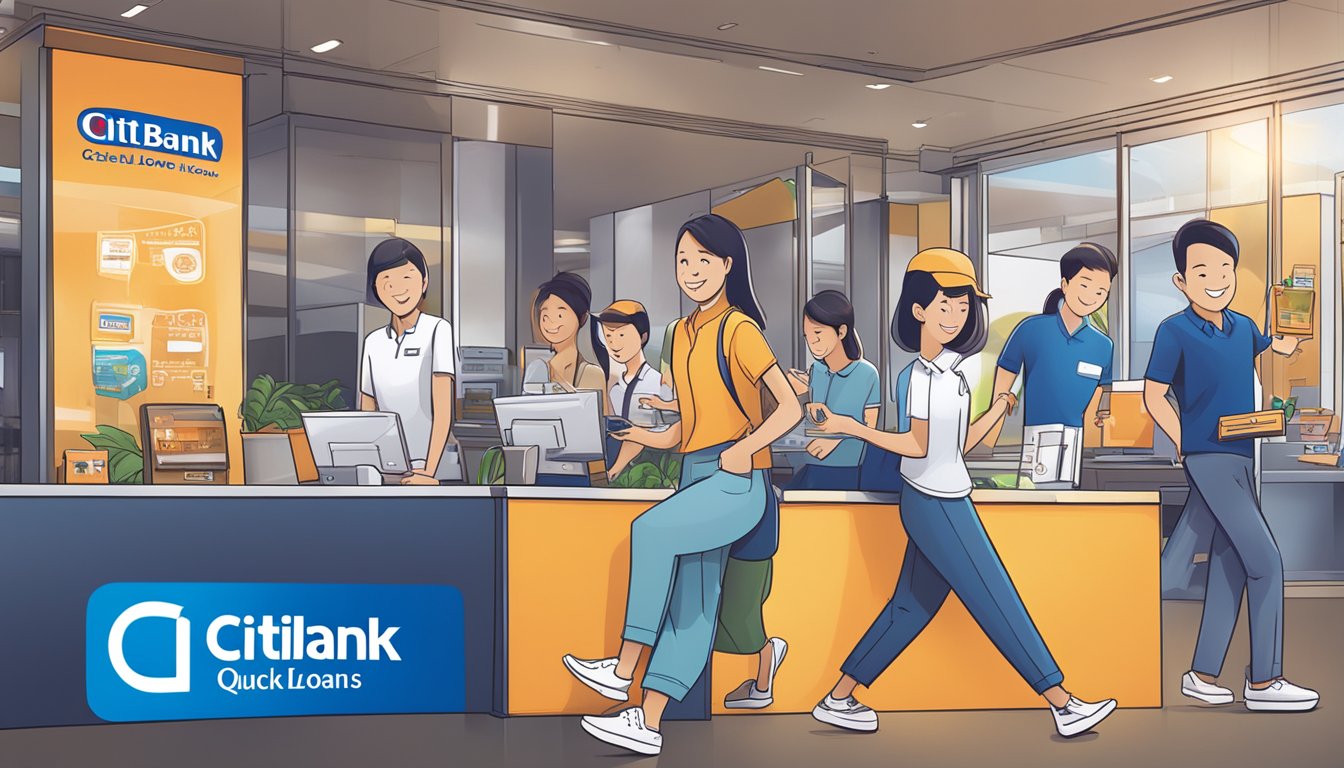 A vibrant display of Citibank Quick Cash Loan promotions in Singapore, featuring eye-catching graphics and bold text highlighting special offers and tenor details
