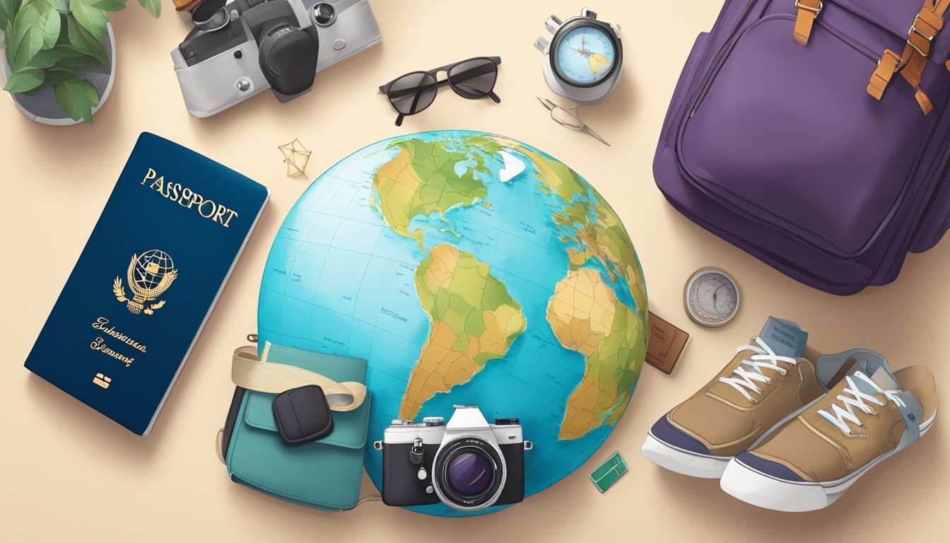 A globe surrounded by travel essentials: passport, camera, map, and backpack. Excitement and adventure in the air