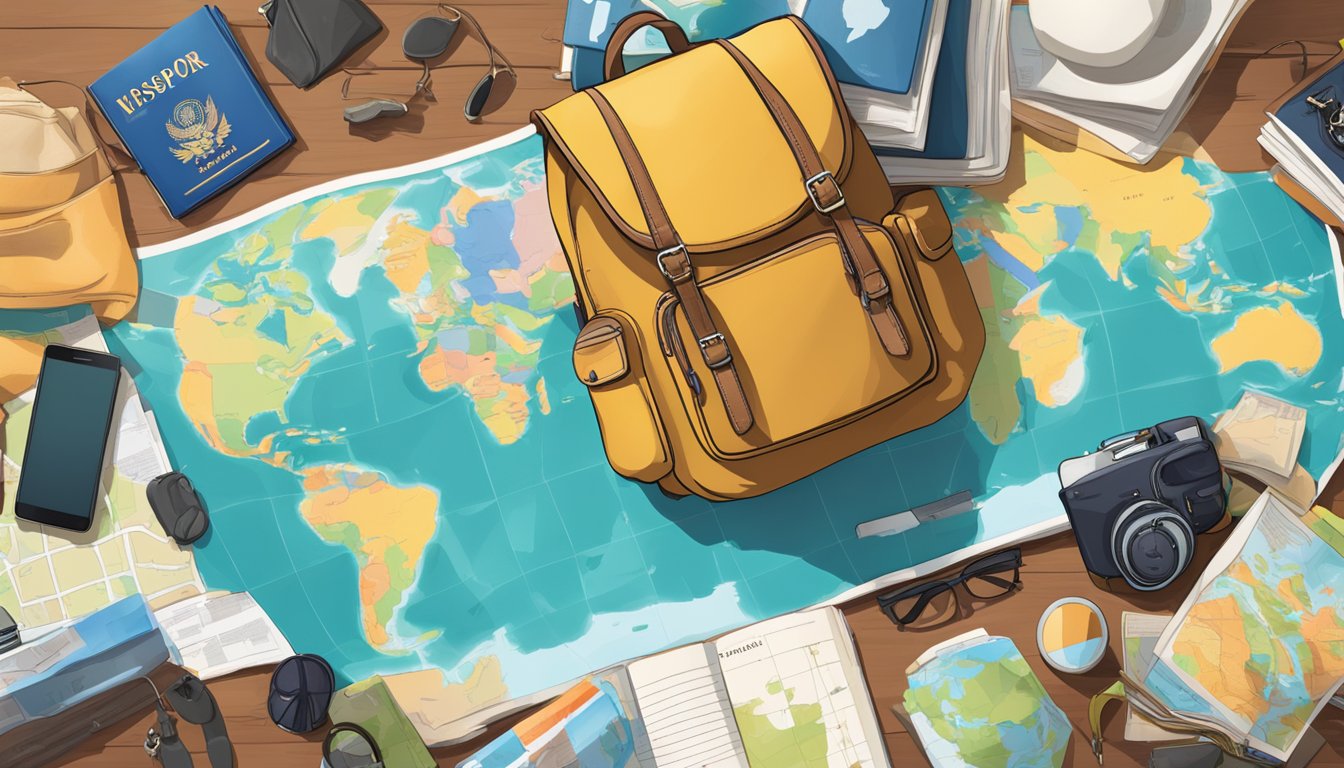A cluttered desk with a world map, travel guides, and a passport. A backpack filled with essentials sits nearby, ready for a round-the-world adventure