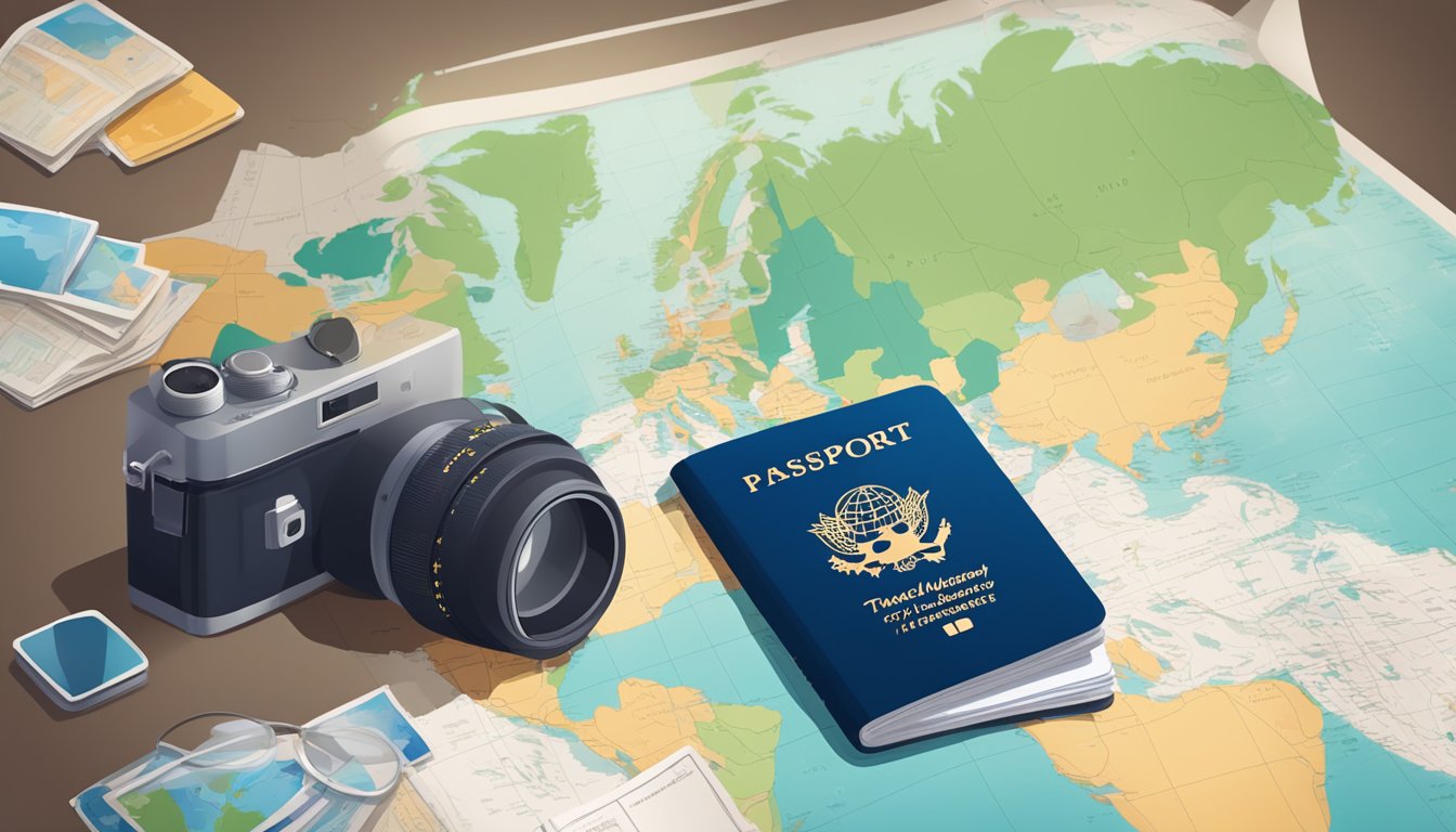 A table with a passport, boarding pass, travel insurance, and itinerary. A world map and a camera are nearby