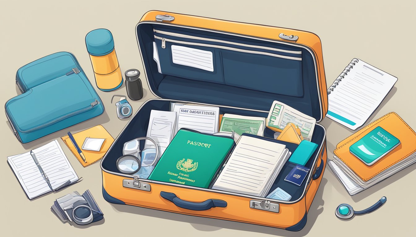 A suitcase packed with travel essentials, passport, and a checklist of health and safety precautions