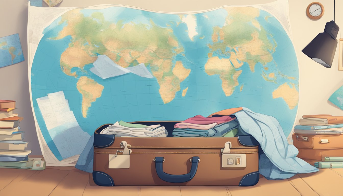 A suitcase open on a bed, filled with neatly folded clothes, a passport, and travel guides. A world map hangs on the wall, with pins marking destinations