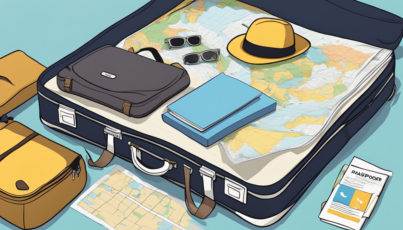 A suitcase, backpack, and map lay on a bed. A passport and travel documents are arranged next to them. A taxi waits outside the window
