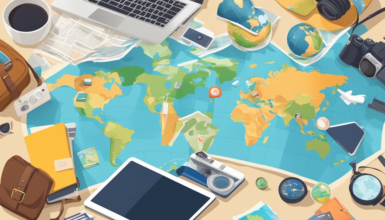 A world map surrounded by travel essentials like a passport, camera, and guidebooks, with a smartphone displaying travel apps and a laptop open to a travel blog