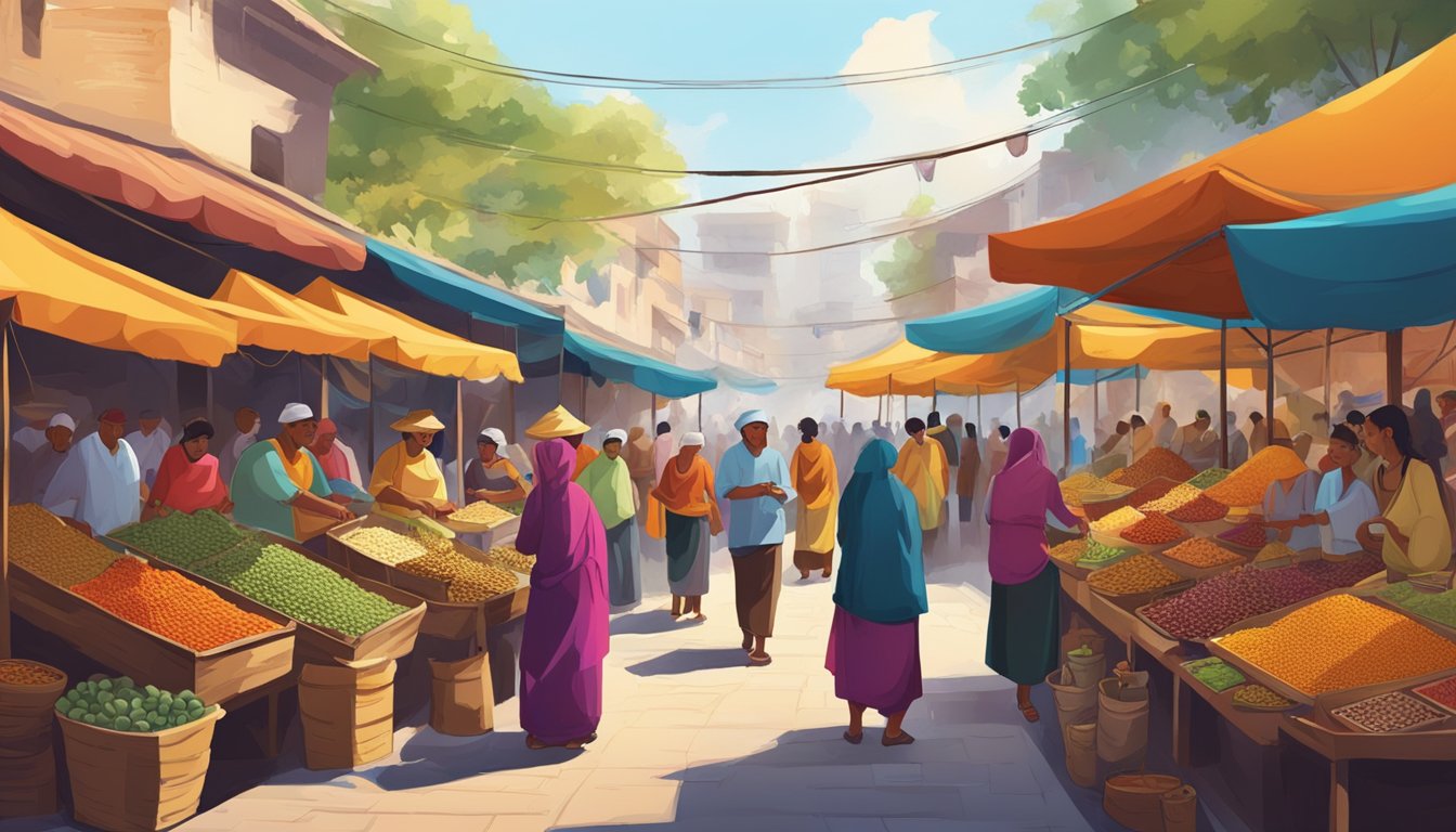 A bustling market with colorful stalls, exotic spices, and traditional crafts. Locals in vibrant attire share stories and laughter, while the aroma of street food fills the air