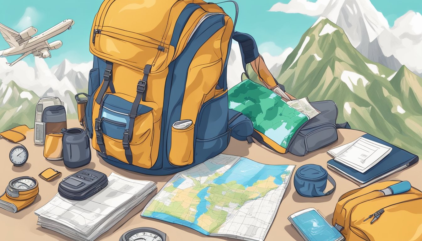 A traveler packs a backpack with essentials, maps, and a passport. They check the weather, exchange currency, and research local customs