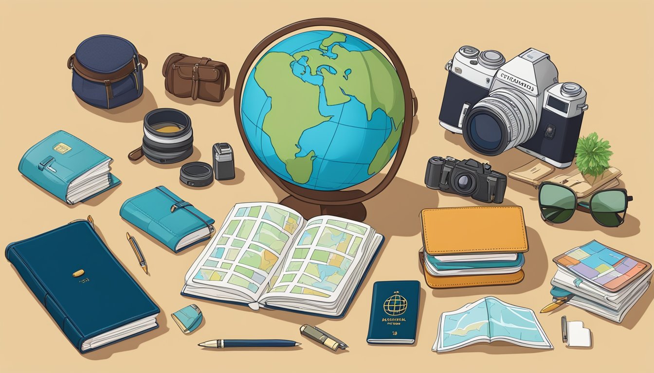A globe surrounded by travel essentials: passport, map, camera, and suitcase. A journal and pen sit nearby, ready to record adventures