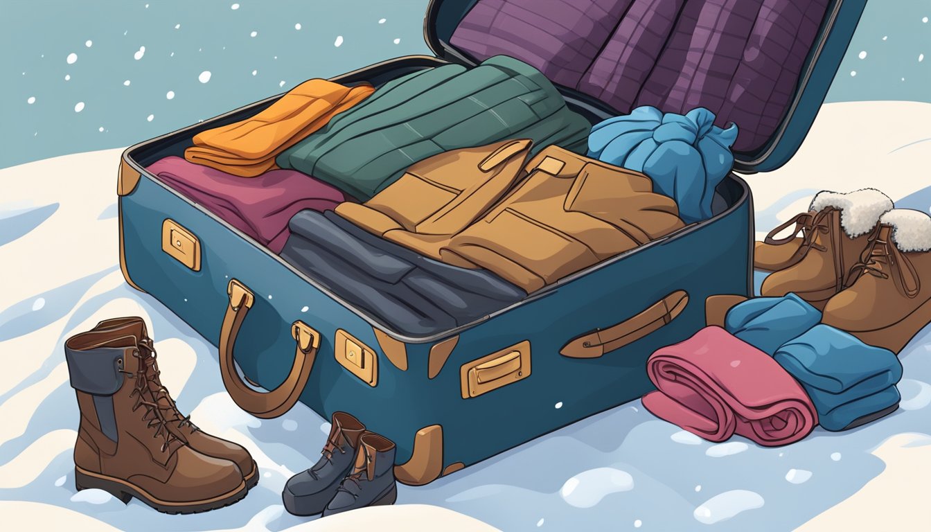 A suitcase open, with a variety of warm clothing spilling out onto a snowy landscape. Coats, scarves, gloves, and boots are visible