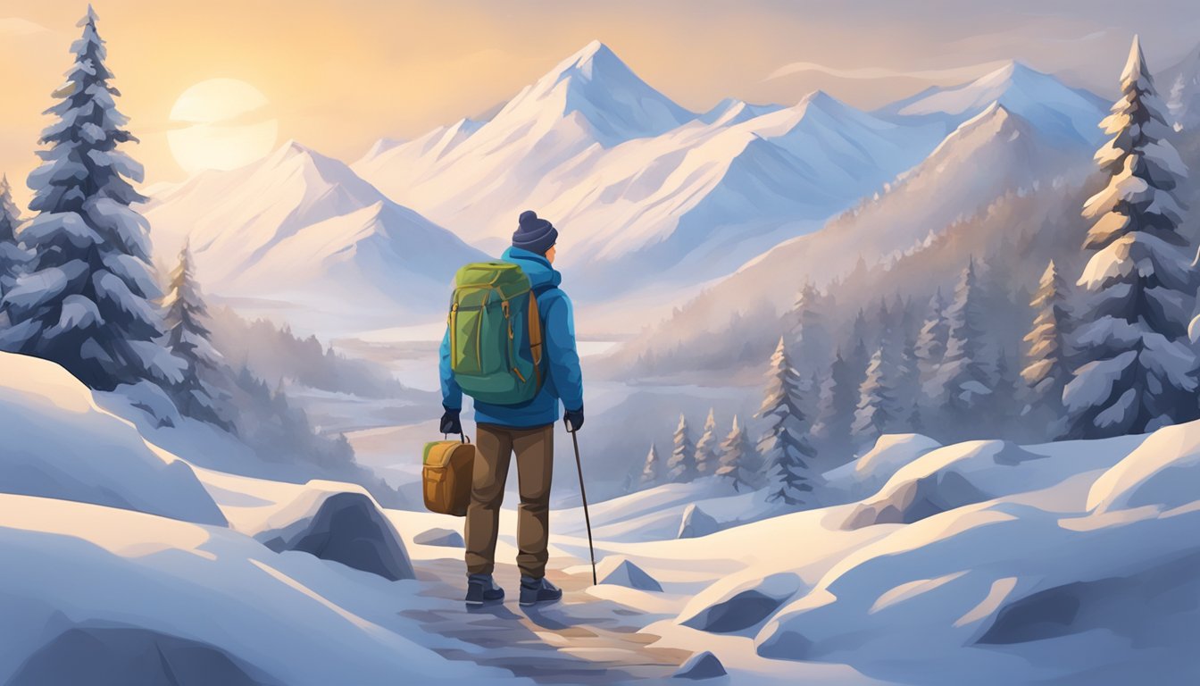 A snowy landscape with a traveler packing warm clothing and accessories for a trip to colder weather