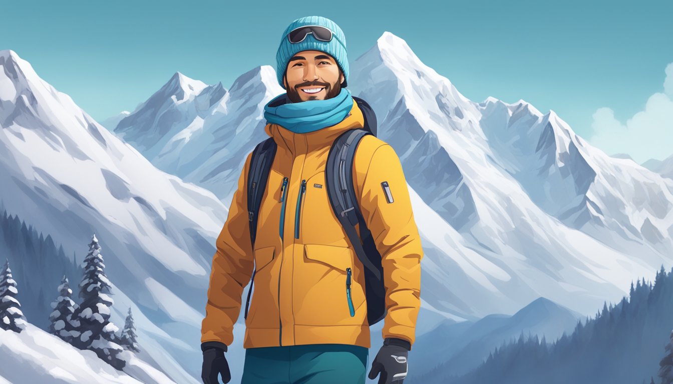 A traveler wearing a base layer, insulated mid-layer, and waterproof outer layer, with gloves, a beanie, and a scarf, standing in front of snow-capped mountains