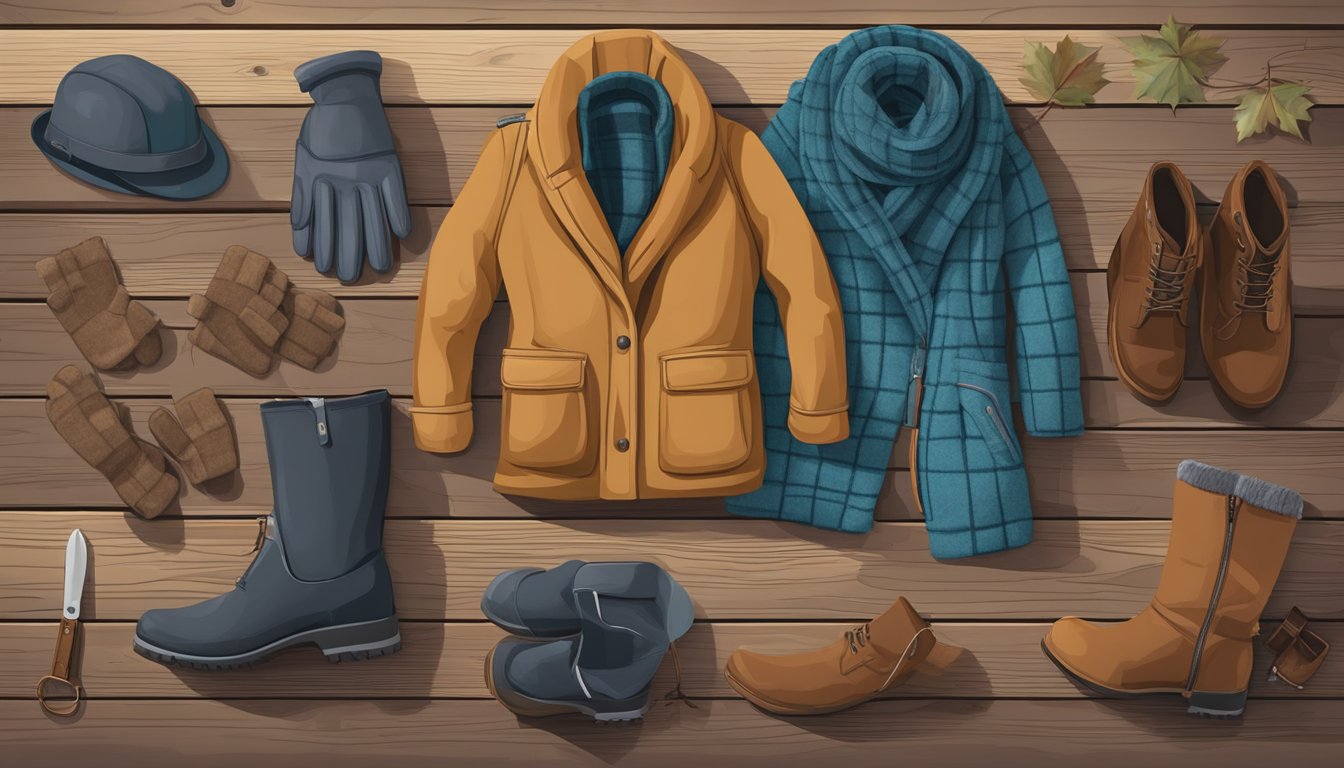 A winter coat, scarf, gloves, and boots laid out on a rustic wooden table, ready to be packed for a trip to colder weather