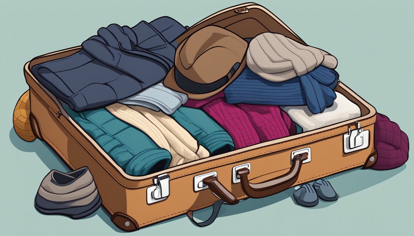 A person is packing a suitcase with cozy scarves, hats, and gloves for a winter trip. They are also adding stylish boots and a warm coat to their ensemble
