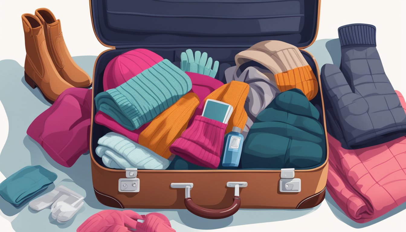 A suitcase open with winter clothing neatly folded inside, including sweaters, coats, scarves, and boots. A travel-sized toiletry bag and a pair of gloves are also visible