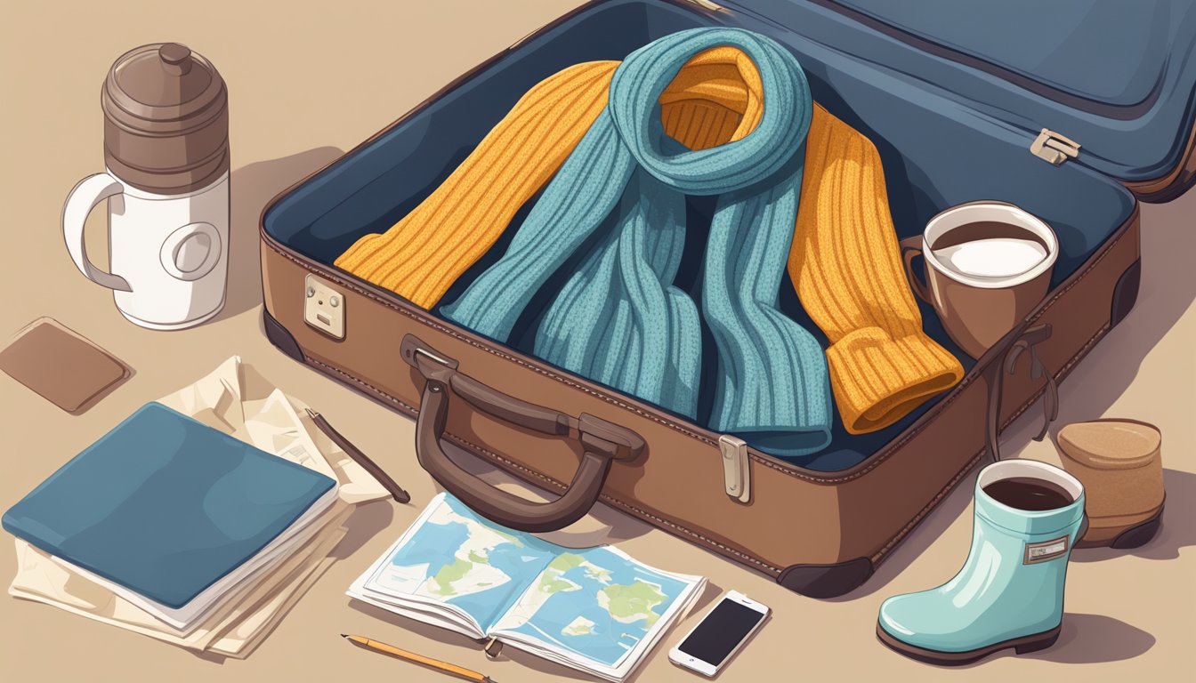 A cozy sweater, warm scarf, and insulated boots laid out on a suitcase, with a travel mug and map nearby