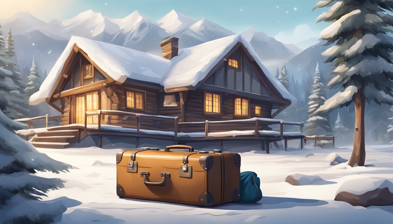 A snowy landscape with a traveler's suitcase, winter clothes, and accessories scattered around. A cozy cabin or lodge in the background