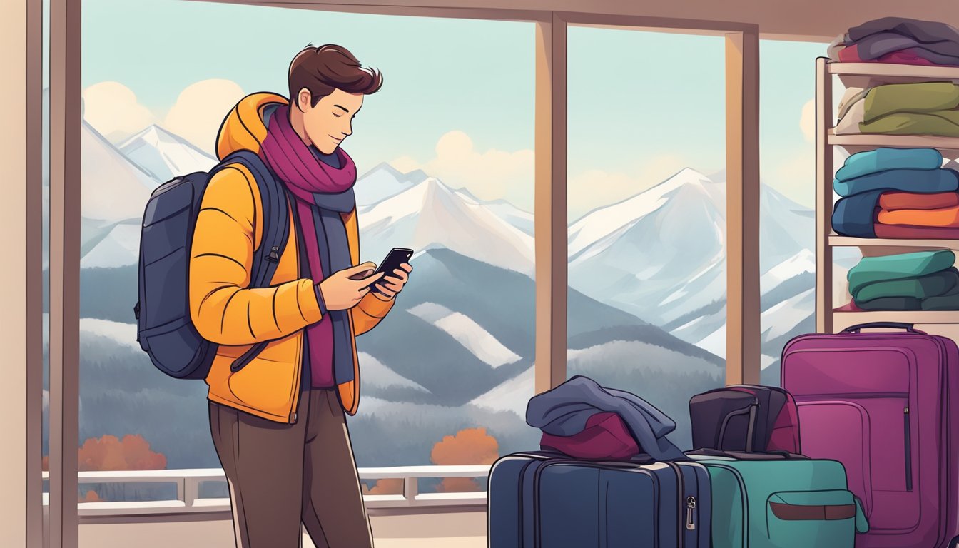 A traveler packing a suitcase with warm clothes, including jackets, scarves, and boots, while checking a weather app on their phone