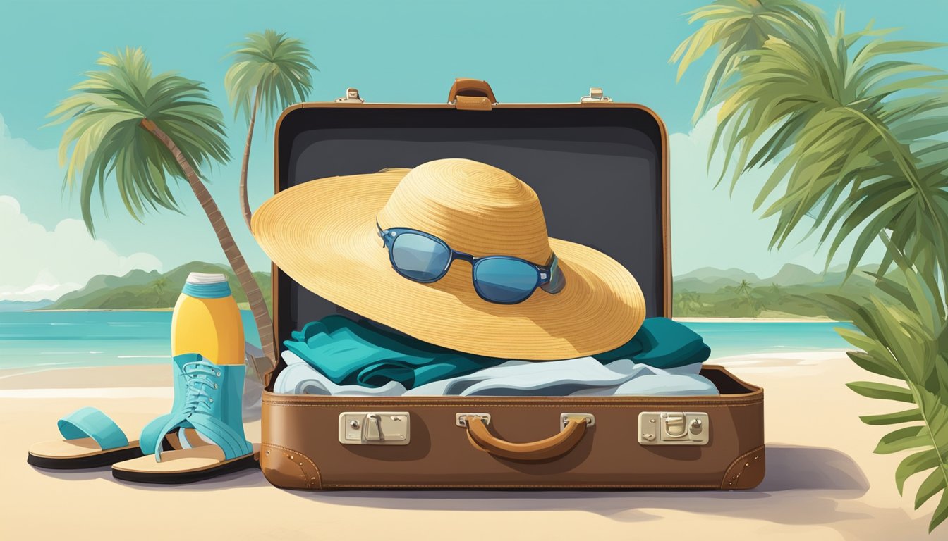 Palm trees sway in the breeze as a suitcase lays open, filled with lightweight clothing and sandals. Sunscreen and a wide-brimmed hat sit nearby