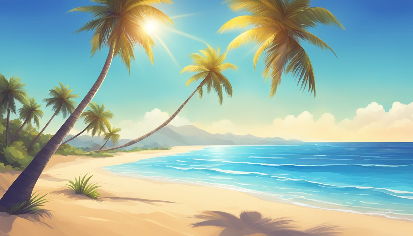 A clear blue sky with a bright sun shining down on a sandy beach. Palm trees sway in the warm breeze, and the ocean sparkles in the distance
