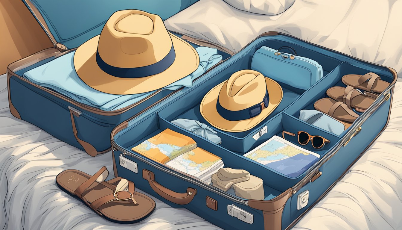 A suitcase open on a bed, with lightweight clothing spilling out. Sandals, sun hat, and sunglasses are arranged nearby. A map and travel guide sit on the bedside table